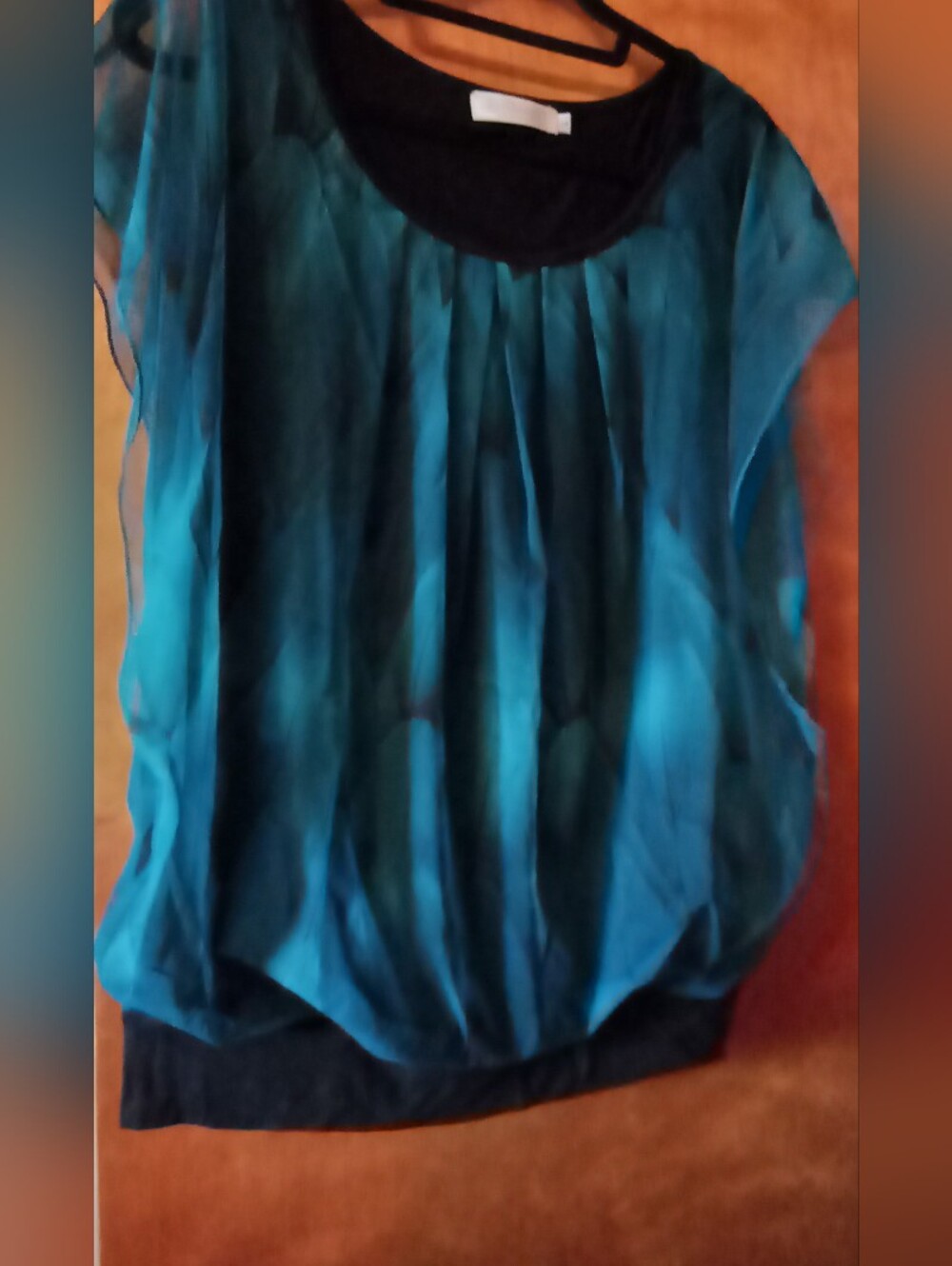Teal Blue Sheer Pleated Blouse